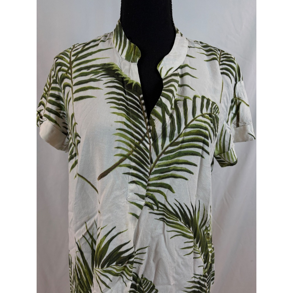 HM Womens Tropical Palm Leaf Shift Dress Green White Viscose Size 4 Short Sleeve